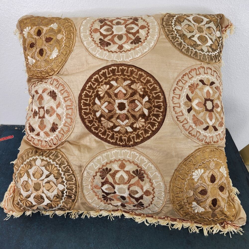 Bed Bath & Beyond Embroidered Brown Gold Satin Couch Cushion Tassel